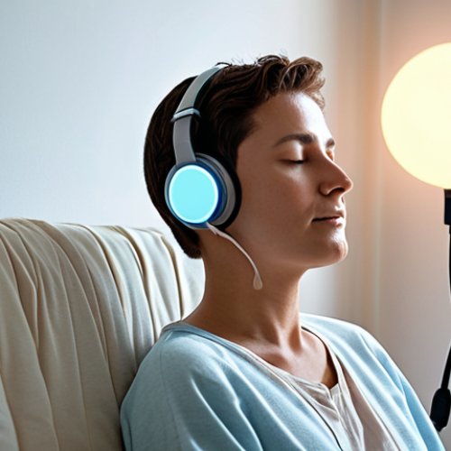 **A serene therapy session featuring brainwave technology**: A person sits comfortably, bathed in soft light, with a non-invasive brainwave device (like a headset) subtly visible. The background evokes a sense of hope and mental well-being. Soft color palette, focus on calmness and technological advancement in mental health.