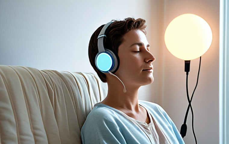**A serene therapy session featuring brainwave technology**: A person sits comfortably, bathed in soft light, with a non-invasive brainwave device (like a headset) subtly visible. The background evokes a sense of hope and mental well-being. Soft color palette, focus on calmness and technological advancement in mental health.