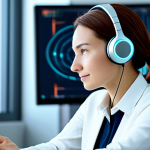A serene and focused professional individual, fully clothed in modest, comfortable business casual attire, sitting in a well-lit, modern private office. The subject is subtly interacting with a sleek, futuristic brain-computer interface (BCI) headset with soft, glowing accents. The background features blurred, abstract representations of data or brainwaves on a digital screen, creating a calm and introspective atmosphere. This image embodies personal discovery and cognitive enhancement. perfect anatomy, correct proportions, natural pose, well-formed hands, proper finger count, natural body proportions, professional photography, high resolution, soft lighting, clean aesthetic, safe for work, appropriate content, professional.