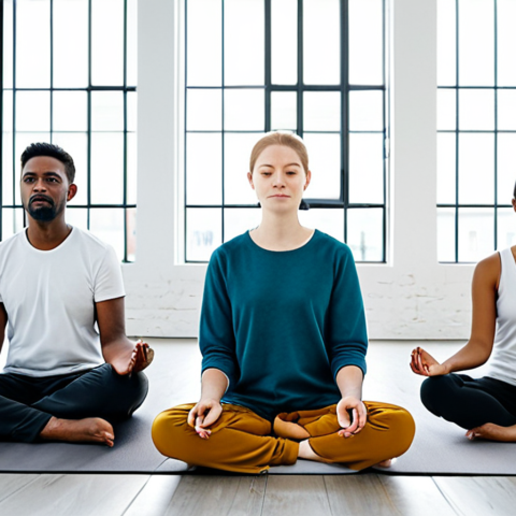 **

"A diverse group of people participating in a mindfulness meditation session, fully clothed in modest and comfortable attire, sitting on cushions in a bright, modern studio, soft natural light, safe for work, appropriate content, professional setting, perfect anatomy, natural proportions, well-formed hands, proper finger count, calm and peaceful atmosphere."

**