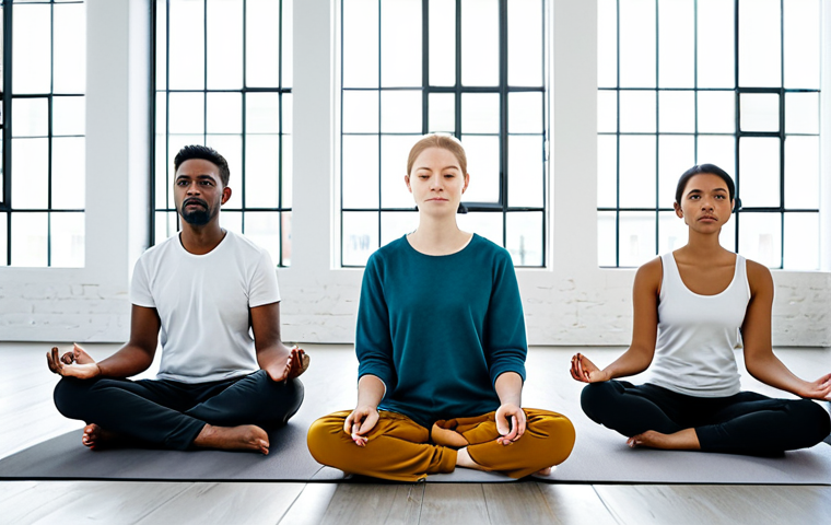 **

"A diverse group of people participating in a mindfulness meditation session, fully clothed in modest and comfortable attire, sitting on cushions in a bright, modern studio, soft natural light, safe for work, appropriate content, professional setting, perfect anatomy, natural proportions, well-formed hands, proper finger count, calm and peaceful atmosphere."

**