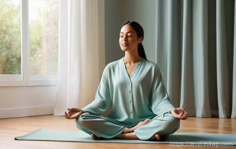 뇌파 조절을 위한 명상 음악 추천 - A serene and harmonious scene depicting a person, gender-neutral, in a peaceful meditation pose. The...