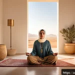 Home 17 뇌파 조절을 위한 운동 요법 - A serene Middle Eastern woman practicing deep breathing exercises in a minimalist, sunlit room decor...