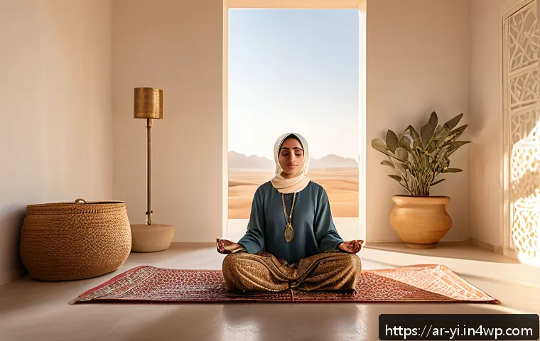 뇌파 조절을 위한 운동 요법 - A serene Middle Eastern woman practicing deep breathing exercises in a minimalist, sunlit room decor...